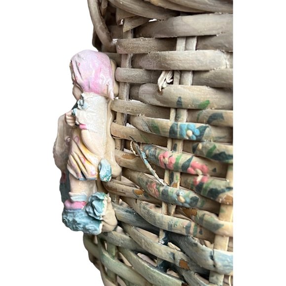 RARE! Vtg Basket Barbola Gesso Adornment Handpainted Girl Geese Philippines 14" - Picture 8 of 16